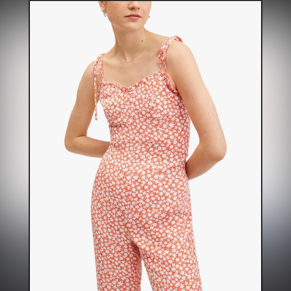 Mango Coral and White Floral Tie-Shoulder Jumpsuit